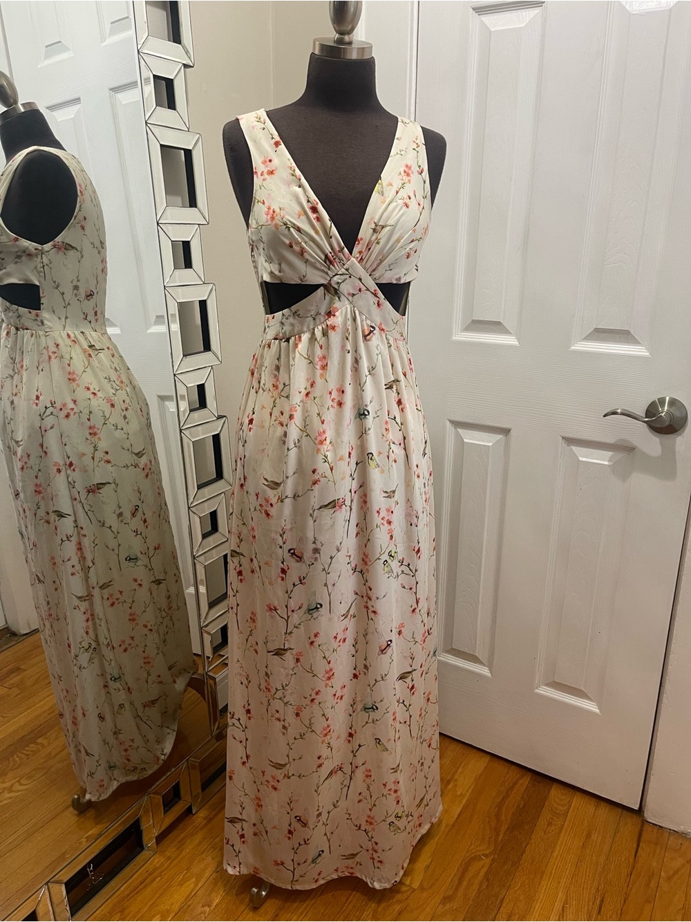 Zara Cream Maxi Dress with Pink Floral Print and Cutouts
